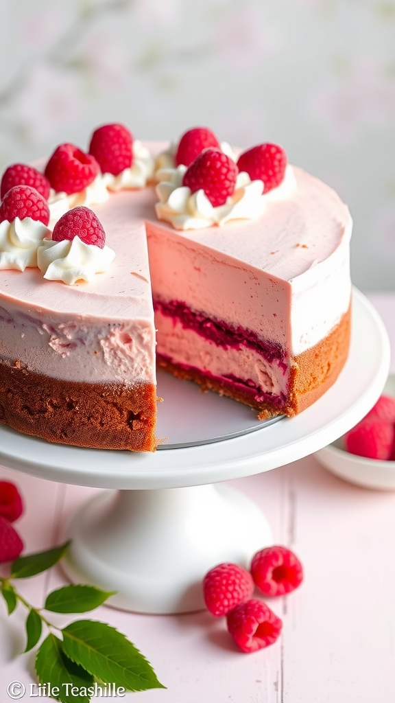 Pink velvet raspberry cheesecake with fresh raspberries and whipped cream on a white cake stand, set against a pastel background.